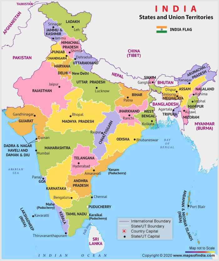 States and Capitals of India Map